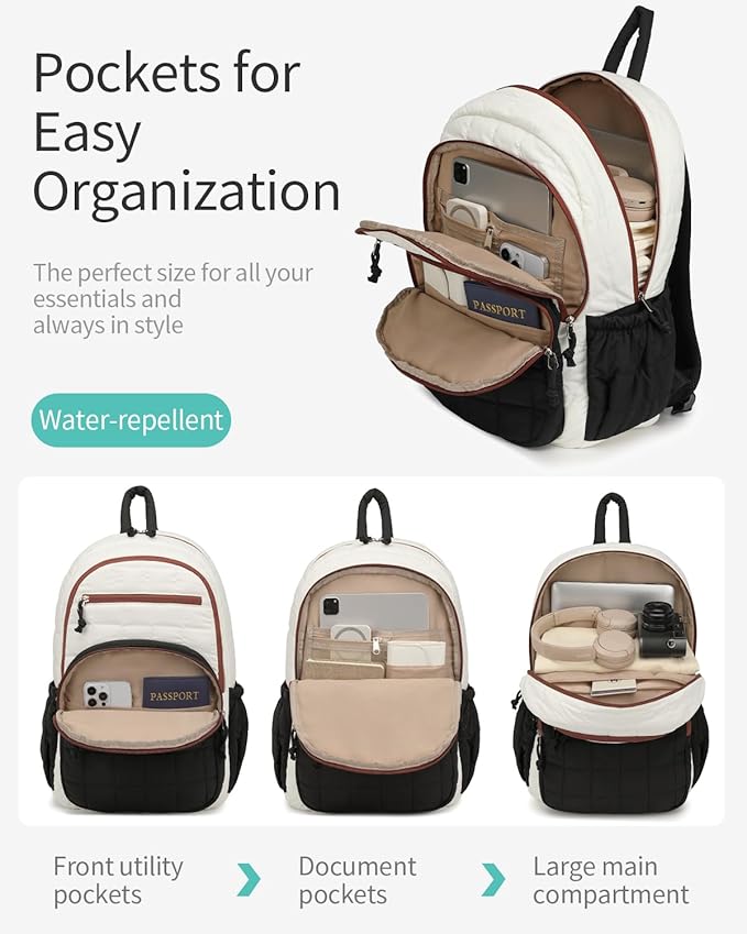 Bookbag for Women, Teen Girls Backpack for High School College Student, Puffer Quilted Back Pack Cute Laptop Backpack for Work Travel Mom Casual Daypack, Beige Black Brown