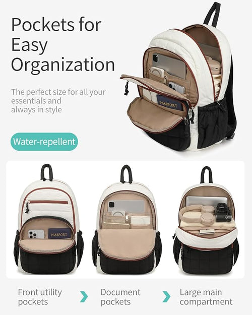 Bookbag for Women, Teen Girls Backpack for High School College Student, Puffer Quilted Back Pack Cute Laptop Backpack for Work Travel Mom Casual Daypack, Beige Black Brown