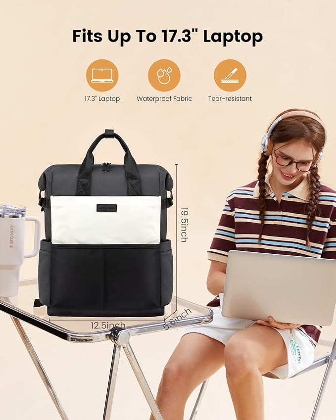 LOVEVOOK Laptop Backpack for Women, 17.3 Inch Work Travel Backpack Purse for School College Bookbag for Teen Girls Waterproof Computer Bag for Teacher Nurse Business, Black-Beige-Grey