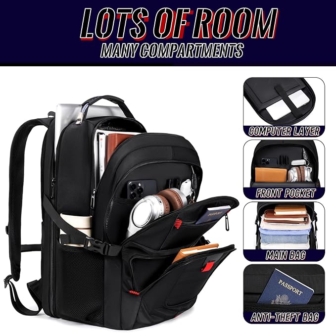 Large Travel Laptop Backpack for Men with LifetimeWarranty, Extra Large TSA Friendly Travel Backpacks for College High School Airline Approved Business Work Bag Fits 17 Inch Computer, Black