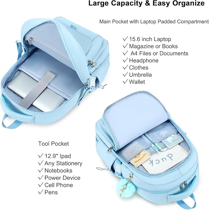 Laptop Backpack 15.6 Inch College Backpacks for Women,School Backpack for Girls, Anti Theft Travel Daypack Bookbags (Blue)