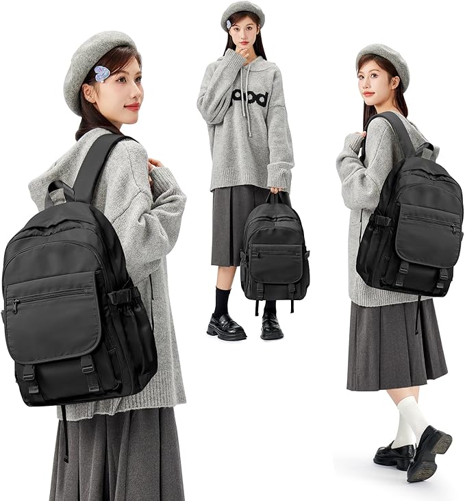 Black Lightweight Waterproof Backpack for Women Men Large Capacity College School Bag with Luggage Straps Multiple Pockets Durable High School Bookbag, Casual Daypacks for Students Girls Boys
