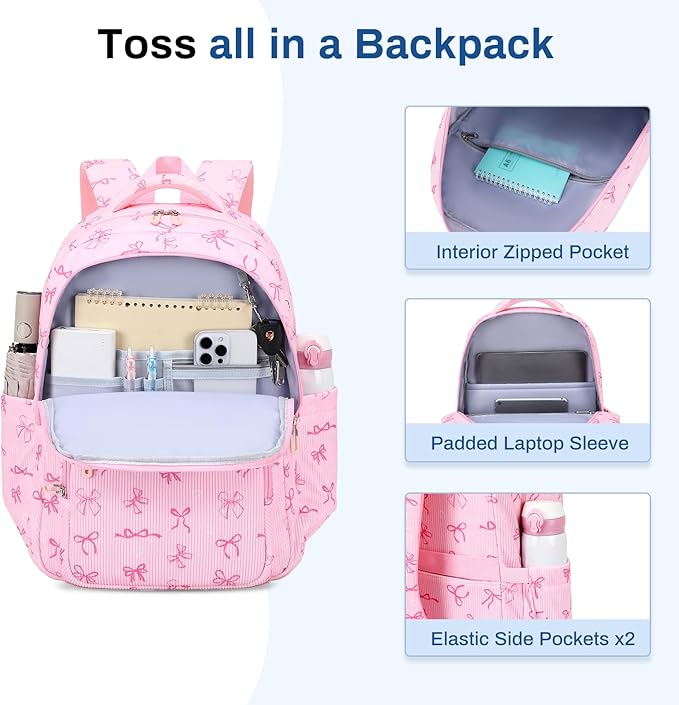 Girls Backpack, Corduroy School Backpack Multiple-pocket College Bookbag for Teen Girls Travel Backpack with Luggage Strap for Women, Pink Bow
