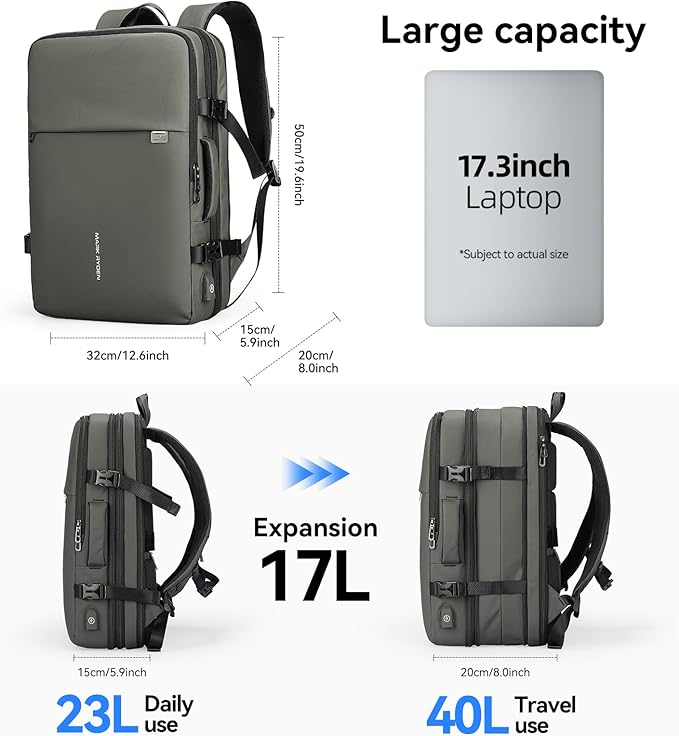 MARK RYDEN Travel Backpack for Men, 40L Airline Approved Carry on Backpack with USB Charging Port, 17.3 Inch Waterproof Business Laptop Backpack