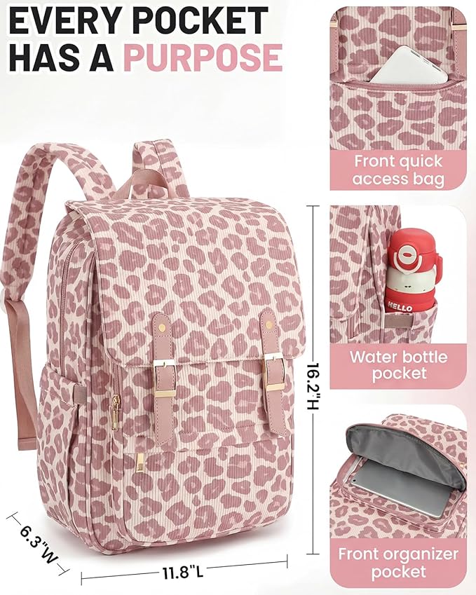 Corduroy Laptop Backpack for Women, Fits 15.6 Inch Computer Bag, College High School Bookbag Travel Daypack Purse, Work Business Bags - Corduroy Leopard