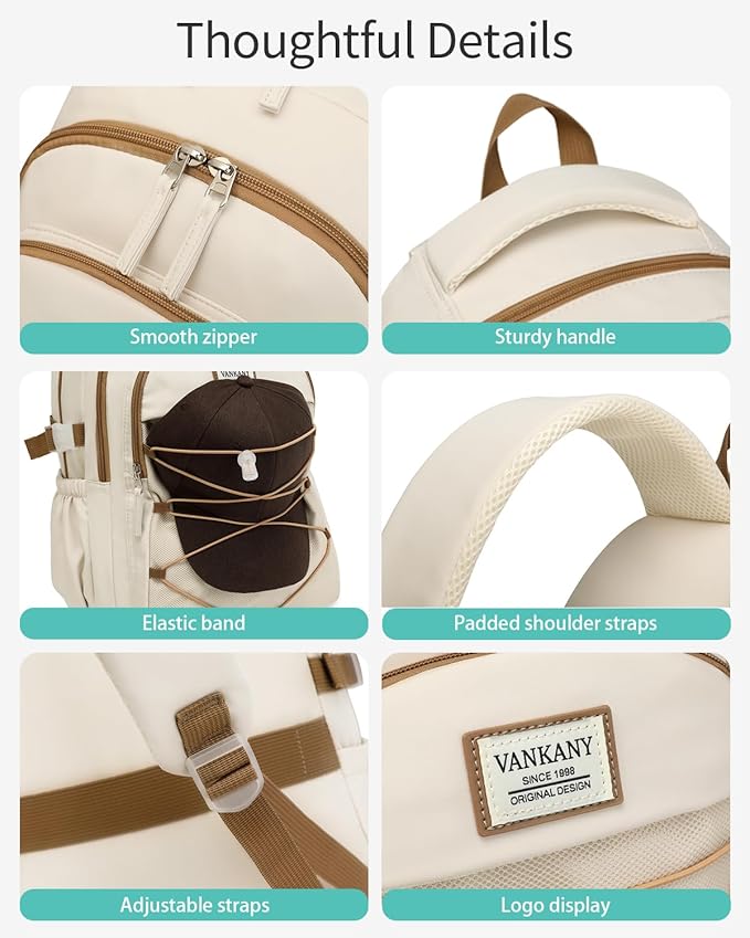 Teen Girls Backpack School Bag, 15.6in Laptop Backpack for Women Work Commuter, Aesthetic College Bookbag for Students, Beige