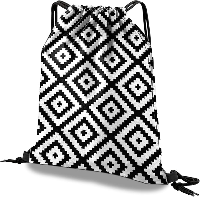Drawstring Backpack Draw String Bag Waterproof for Sports Gym Beach Travel Cute Aesthetic Sackpack Men Women (13"×17")-Black Rhombus
