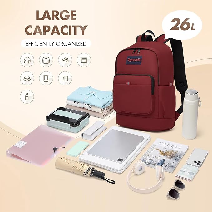 Classic Casual Backpack, Lightweight Daypack with 10 Pockets, Laptop Compartment, EVA Foam Pad (Wine red)