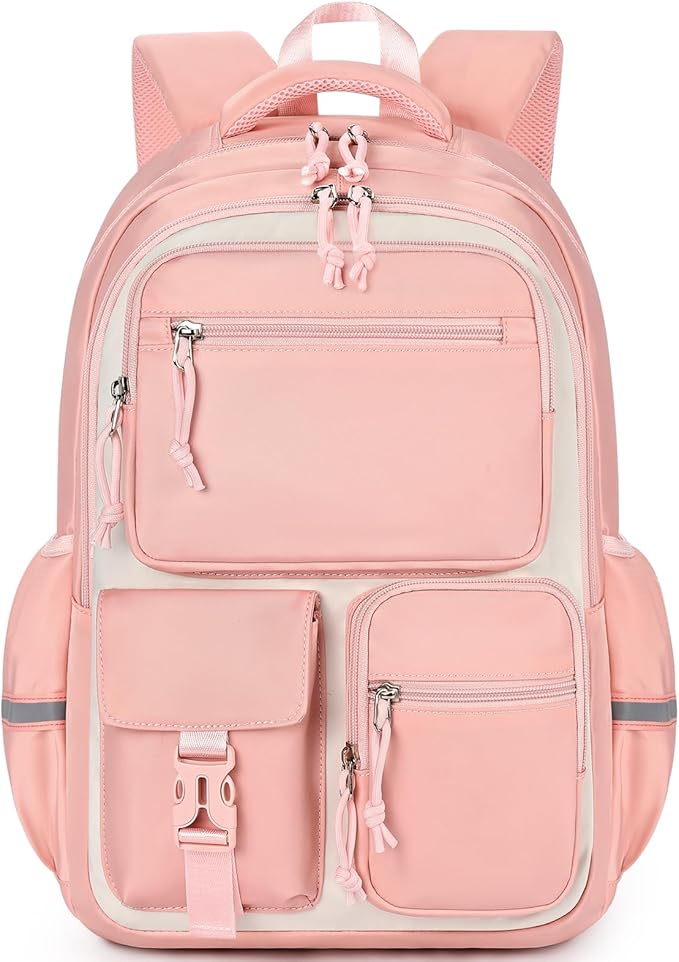 mibasies School Backpack for Teen Girls: 17.9 IN Backpack for Women with Laptop Compartment for Middle High Elementary School College Travel- Kids Bookbag Light Pink Beige