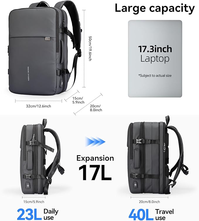 MARK RYDEN Travel Backpack for Men, 40L Airline Approved Carry on Backpack with USB Charging Port, 17.3 Inch Waterproof Business Laptop Backpack
