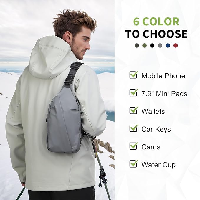 Small Sling Bag, Waterproof Nylon 7.9 Inch Crossbody Chest Bags Daypack Backpack with Anti-theft Pocket for Men Women (Grey)