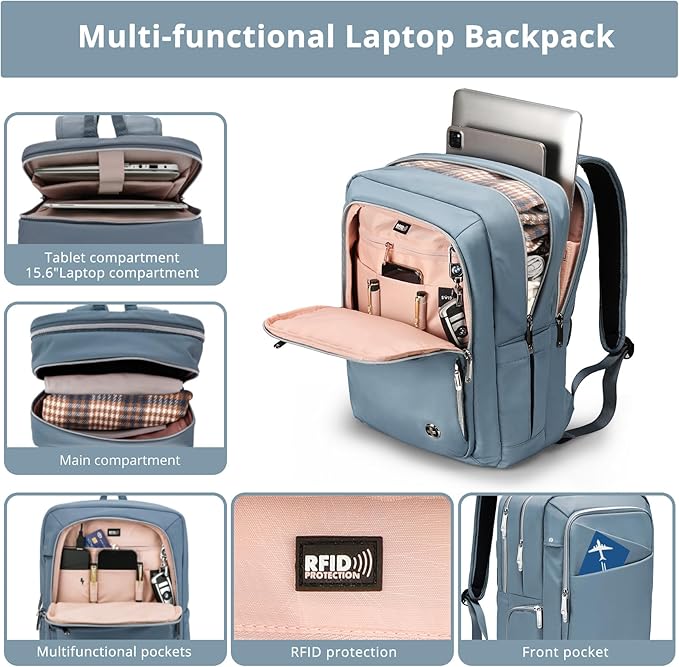 Swissdigital Design Women's Backpack for Work/Travel/Leisure with USB Charging Port, Water Bottle Holder, Separate Sunglass Pocket - Fits 15.6 inch Laptop,Blue | SD1006F-13