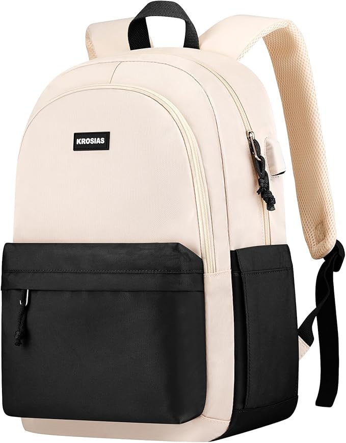 School Backpack for Teens Girls, Cute Student Bookbag Large 15.6 Inch Laptop Bag Aesthetic College Backpacks for Women High School Travel (Black Beige)