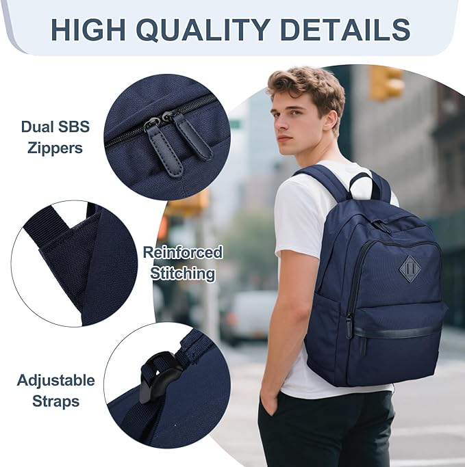 RAVUO Backpack for School, Large Mens Boobbag Water Resistant 15.6 inch Laptop Back Pack for College Unisex Schoolbag Daypack with Compartments for College Work Travel,Blue