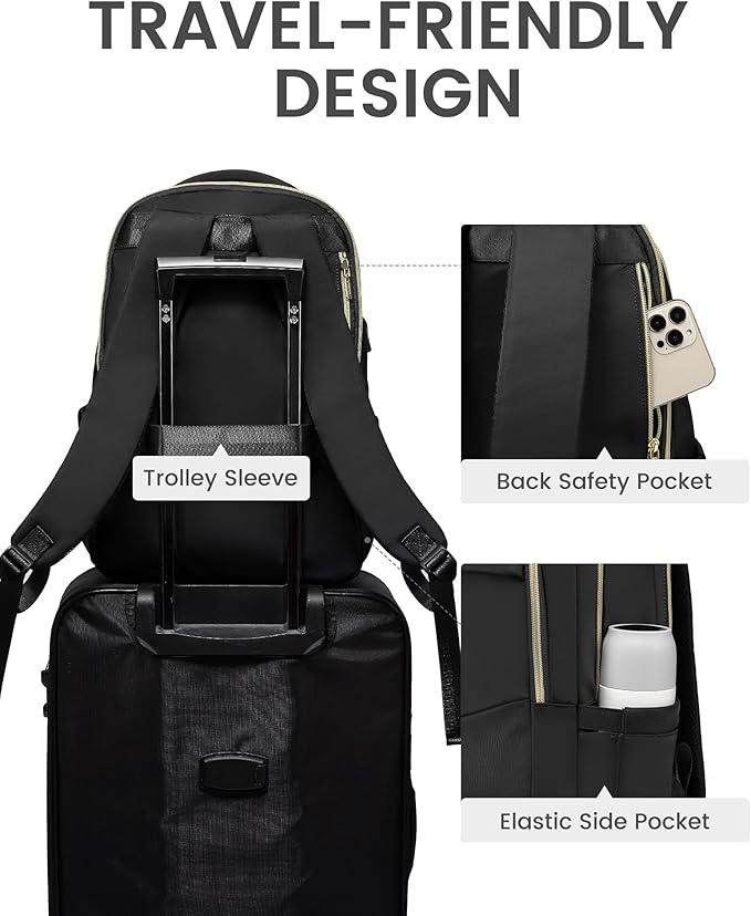 LOVEVOOK Laptop Backpack for Women, Black Business Travel Backpacks with USB Port, Water Resistant Work Teacher Computer Bag, Stylish Daypack, Fits 15.6" Laptop