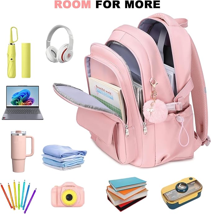 Laptop Backpack 15.6 Inch College Backpacks for Women, School Backpack for Girls,Students Aesthetic Anti Theft Travel Daypack Large Bookbags Middle High School Back Pack(Pink)