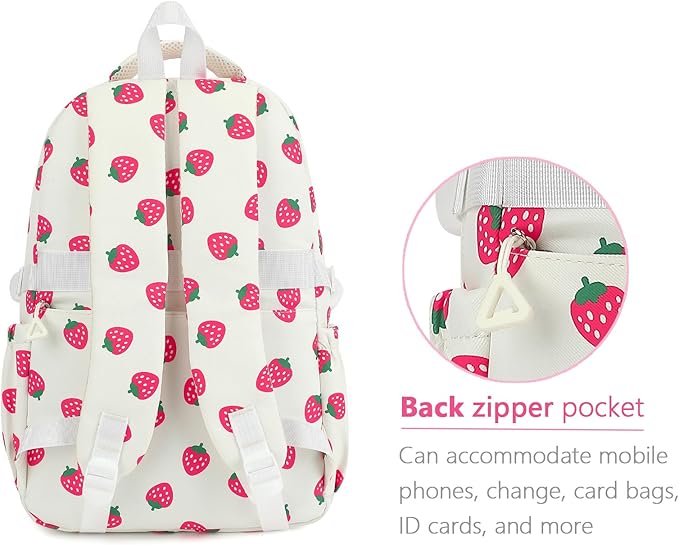 Girls Backpack for College High Middle School Student, Cute Aesthetic Bookbag for Teens Women with Accessories, Beige Strawberry