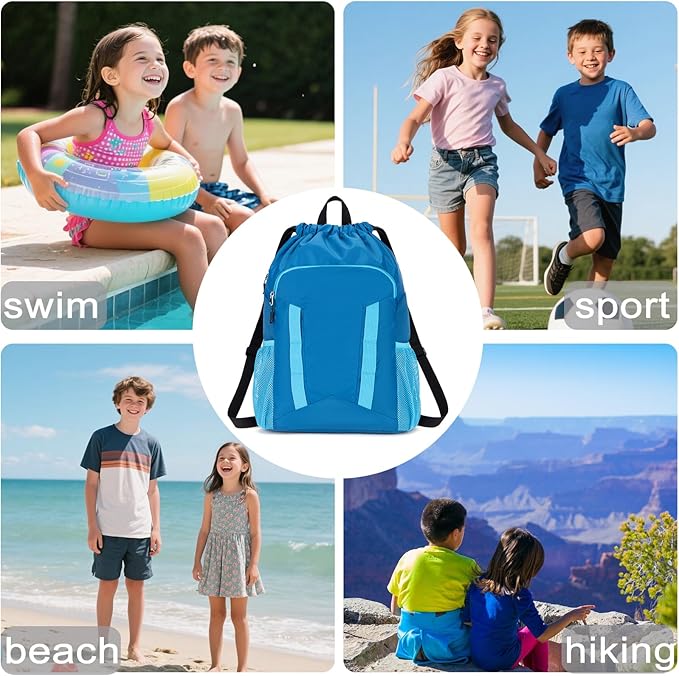 Drawstring Backpack for Kids Sports Gym Bag with Shoes Compartment, Water Resistant Beach Swim Bag String Backpack for Boys and Girls, Blue