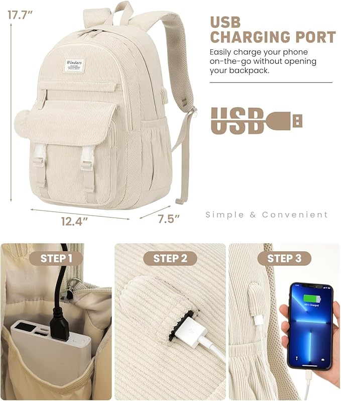 School Backpack for Teens, Large Corduroy Bookbag Cute 15.6 Inch Laptop Bag for Girls Women Lightweight Aesthetic High School College Back Pack for Student Nurse, Beige