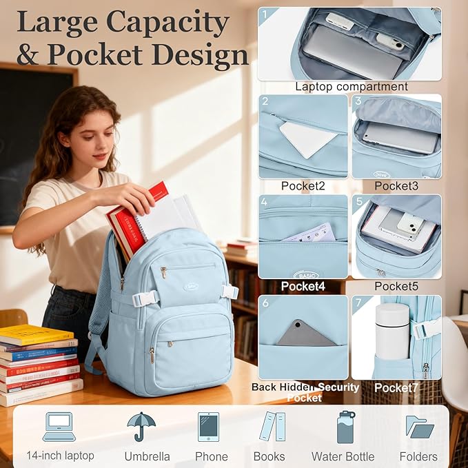 weradar Lightweight School Backpack For Women Men,Waterproof High School Bag,Casual Daypacks Backpack With Lots Of Pockets,Aesthetic College Backpack For Boys Girls(Blue)