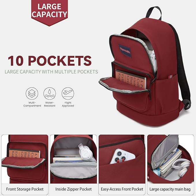 Classic Casual Backpack, Lightweight Daypack with 10 Pockets, Laptop Compartment, EVA Foam Pad (Wine red)