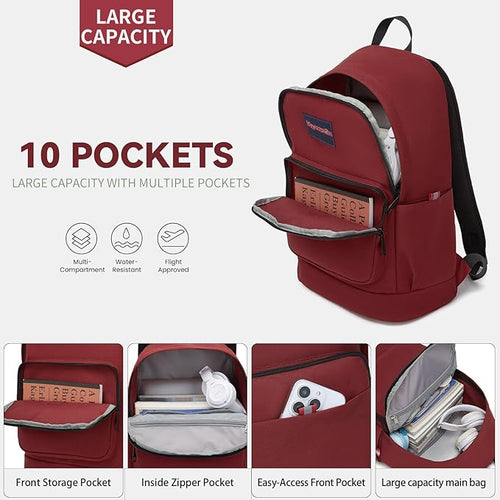 Classic Casual Backpack, Lightweight Daypack with 10 Pockets, Laptop Compartment, EVA Foam Pad (Wine red)