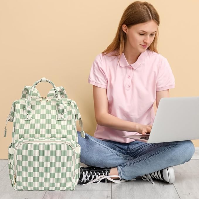 Laptop Backpack for Women, Corduroy College School Backpack Bookbag 15.6 inch Business Computer Travel Backpack (Checkered Green)
