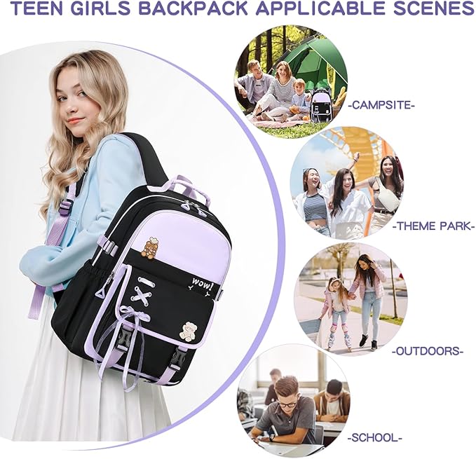 Cusangel Teen Girls Backpack,Girls Cute Backpack Big kids Elementary Middle High School College Student,17" Bookbag For 9Age+ boys(Purple)