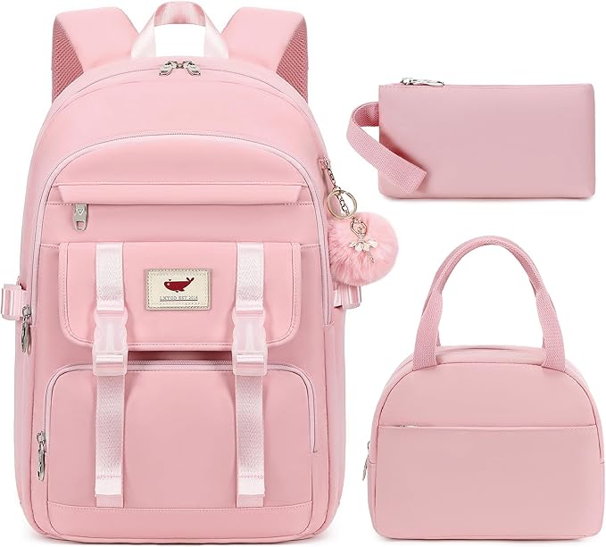 LXYGD 3 PCS Backpack for Teen Girls,Laptop Backpacks 15.6 Inch School Bag with Lunch Box Pencil Pouch Set for Students Aesthetic College Bookbag Travel Daypack(Pink)
