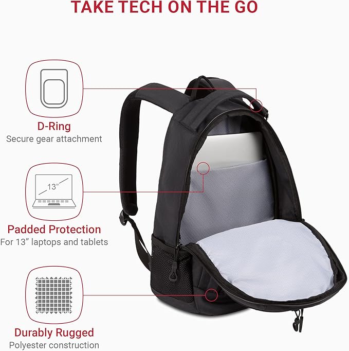 SwissGear 1186 Special Edition 13” Laptop Backpack – Grey – Compact Tech Bag with Reflective Accents – Multiple Organizer Pockets with Bungee Cords & D-ring Attachment Point