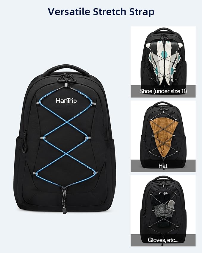 Travel Laptop Backpacks for Women Men, Large Work Backpack for Commuter College School Book Bags, Reflective Water Resistant Backpack with Luggage Strap Water Bottle Pocket Chest Strap, Black