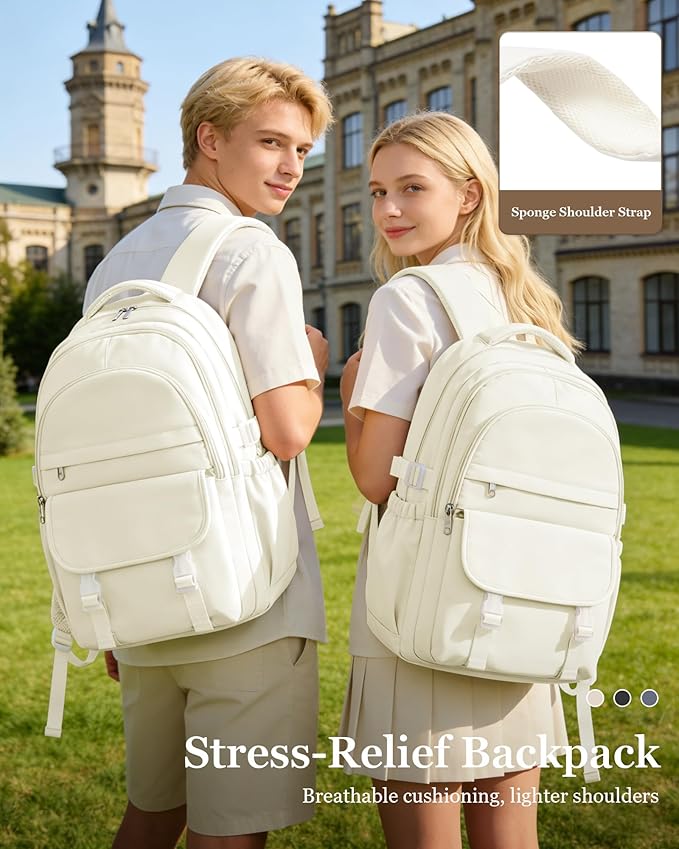 Waterproof Aesthetic Backpack For School, Cute High School Bookbag For Teen Girls Boys, Lightweight Casual Daypack Backpack For Women Men, College Backpack With Lots Of Pockets（Beige）