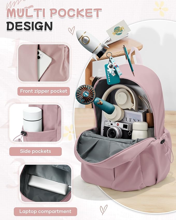 SEAFEW Small Pink School Backpack Women, Unisex Lightweight Backpack School Bag Water-resistant Casual Rucksack fits 14 inch Laptop for Boys Girls Men and Women Bookbag College Daypack for Teenage