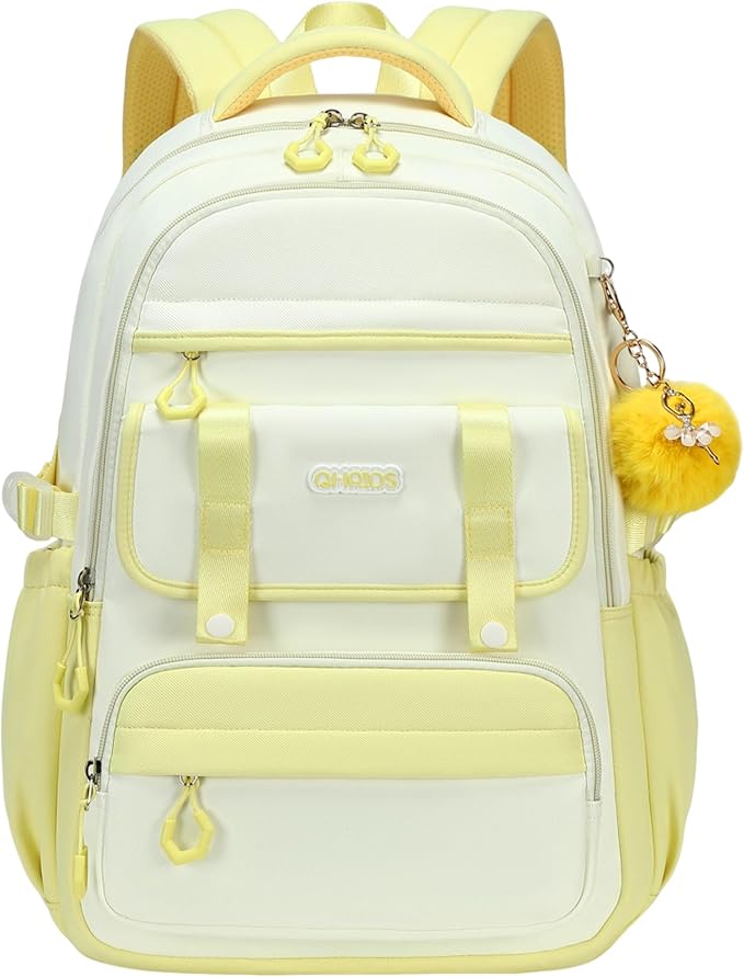School Backpack for Girls, Laptop Backpack 15.6 Inch Kids Elementary Middle High School Bag Anti Theft Cute College Bookbags for Teens Girls Women Students Casual Travel Daypack,Yellow Beige