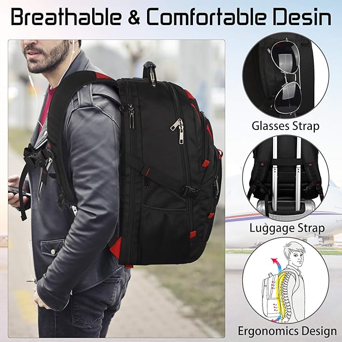 18.4 Inch Laptops Backpack, 55-60L Extra Large Travel Laptop Backpack with USB Charging Port, TSA Friendly Flight Approved and RFID Anti-Theft Pocket, Water Resistant Suiltable for Large Gaming Laptop