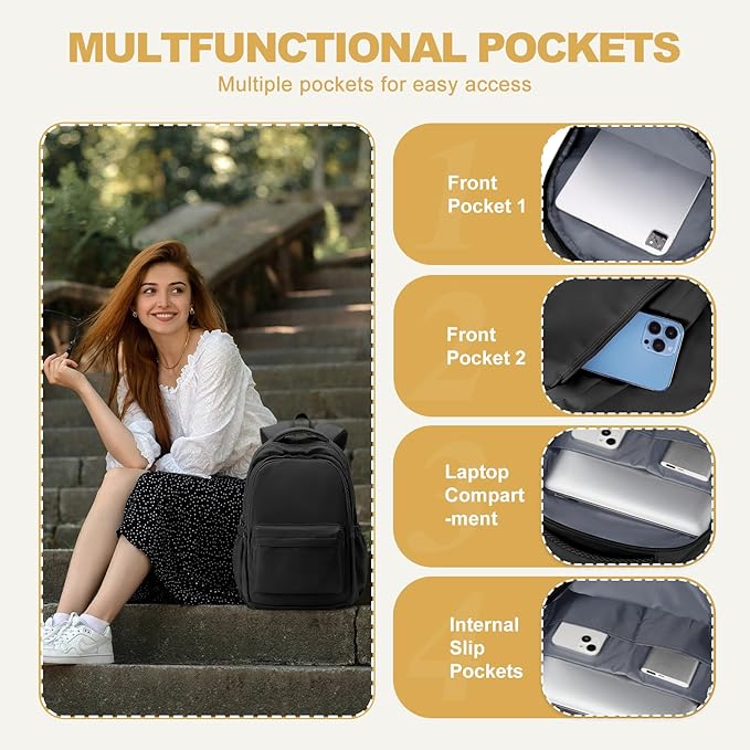 Lightweight School Backpack for Women Men, Black Laptop Travel Casual Daypack College Secondary School Bags Bookbag for Teenage Girls Boys