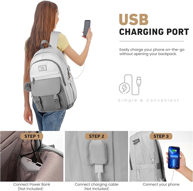 School Backpack for Teen Girls, Cute College Backpacks for Women Students Aesthetic Bookbag Large 15.6 Inch Laptop Bag Middle School Travel Back Pack (Dark Grey & Light Grey)