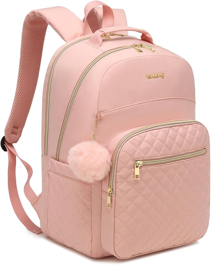 Girls Backpack, Cute Laptop Backpack with Charging Hole for Middle High College School, Water Resistant Daypack for Women Work Travel, Pink