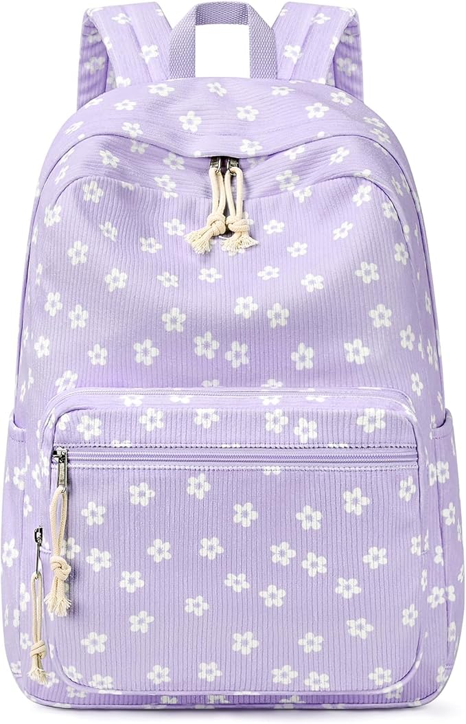mibasies School Backpack for Girls with Laptop Sleeve: 18IN Large Capacity Corduroy Bookbag for Primary Middle School/College, Travel Daypack for Teens Women - Purple Flower