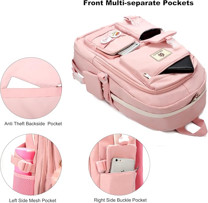 Hidds Laptop Backpacks 15.6 Inch College Backpack Elementary Middle High School Bag Large Cute Bookbags Anti Theft Travel Back Pack Casual Daypack Kids Book Bag for Teens Girls Women Students (Pink)