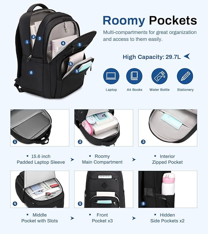 School Backpack for Girls, Lightweight Kids Bookbag for Boys Classic College Backpack for Teen Men Women with Luggage Strap, Age 8-18 Years Old, Black