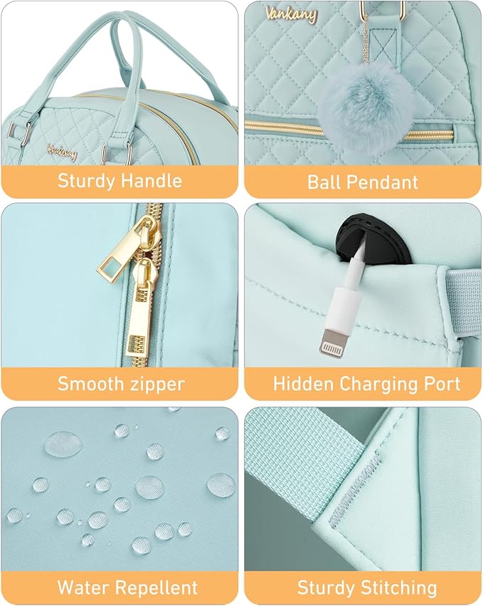 Girls Backpack, Aesthetic School Bag with Charging Hole for Kids Elementary Middle High School College Women Teens Bookbag, Green