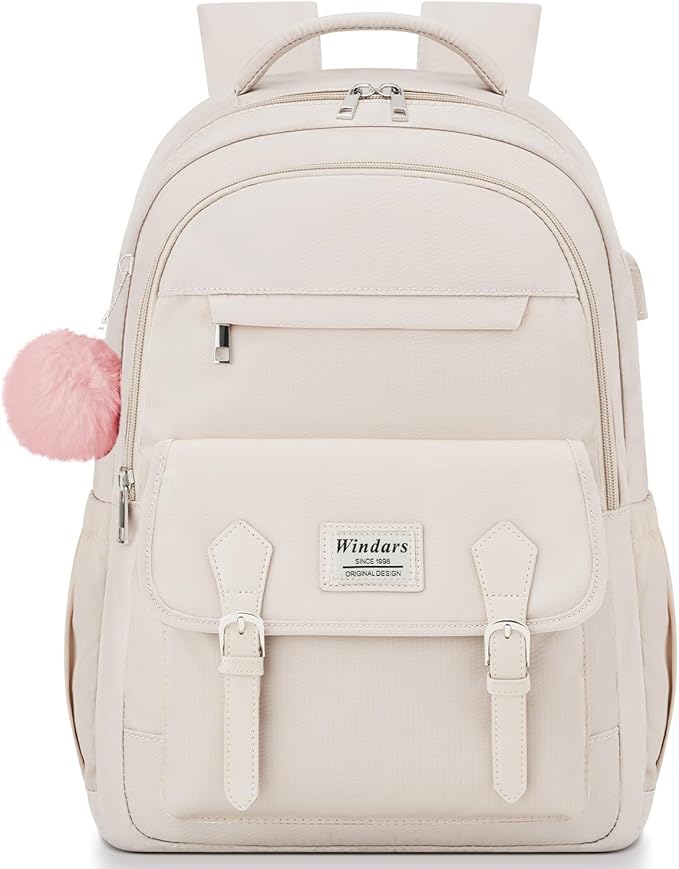 Student Laptop Backpack for College Teen Girls, Cute Middle High School Bag Women Bookbag Large Travel Back Pack Fit 15.6 Inch Laptop (Beige)