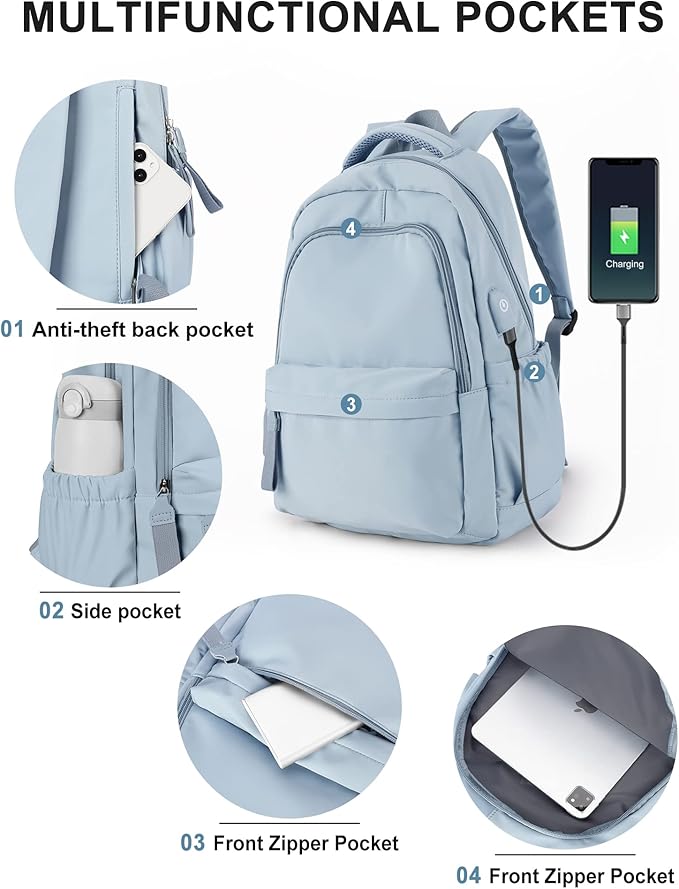 winspansy Small Backpack For School Girls Boys Aesthetic Lightweight Travel Daypack Simple Cute Backpack For Women Men College High School Bookbag Fit 14 Inch Laptop With USB charging port,Light Blue