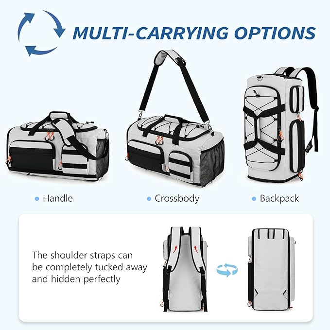 Searock 45L Gym Bag for Men, 3-In-1 Duffle Bag Backpack for Travel, Sports Duffel Bags for Gym Workout, Weekender Overnight Bag with Shoe Compartment, Wet Pocket, Gray