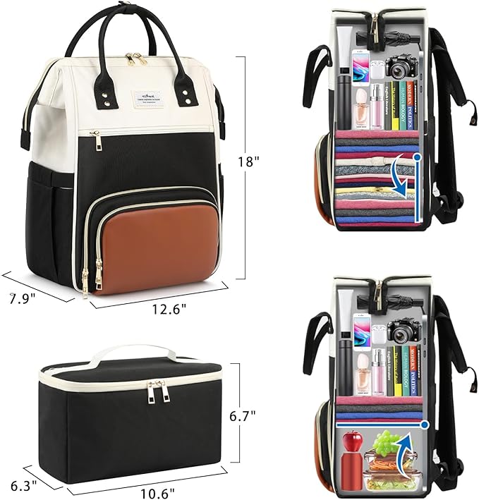 ETRONIK Lunch Backpack, 17.3 Inch Laptop Backpack with USB Port, Stylish Nurse, Teacher Work Bag with Insulated Cooler Lunch Box for Women Men/Travel, Black-Beige-Brown
