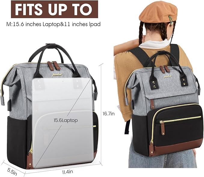 Laptop Backpack 15.6 Inch Professional Womens Purse Computer Bag Nurse Teacher Backpack Waterproof College Work Bags Carry on Travel Back Pack with USB Port, Black-Grey-Brown