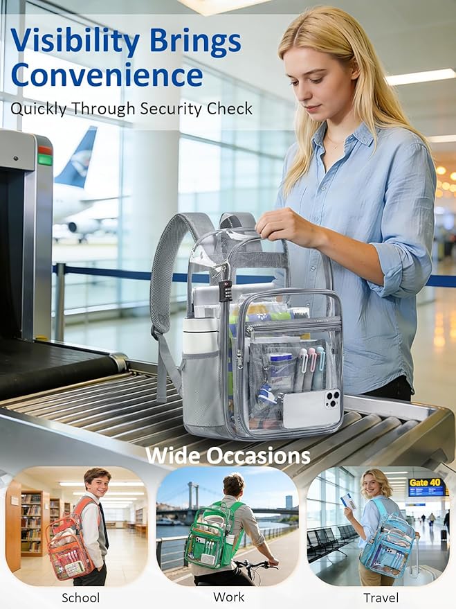 Extra Large Clear Backpack with TSA Lock, Heavy Duty Transparent See Through Clear Bookbag for College, Work, Travel, Casual Sport, Grey