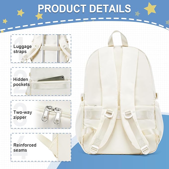 Lightweight Waterproof Backpack for Women Men Large Capacity College School Bag with Luggage Straps Multiple Pockets Durable High School Bookbag, Casual Daypacks for Students Girls Boys(Beige)