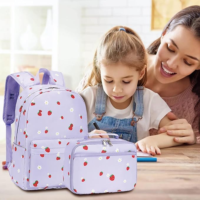 LEDAOU Kids School Backpack with Lunch Box for Girls Kindergarten Elementary BookBag School Bag Preschool Toddler Backpack(Purple Strawberry)